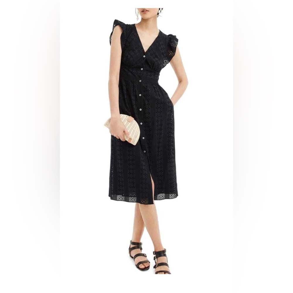 J CREW 100% Cotton RUFFLE SLEEVE EYELET BLACK MIDI DRESS Button Up V Neck Sz 2